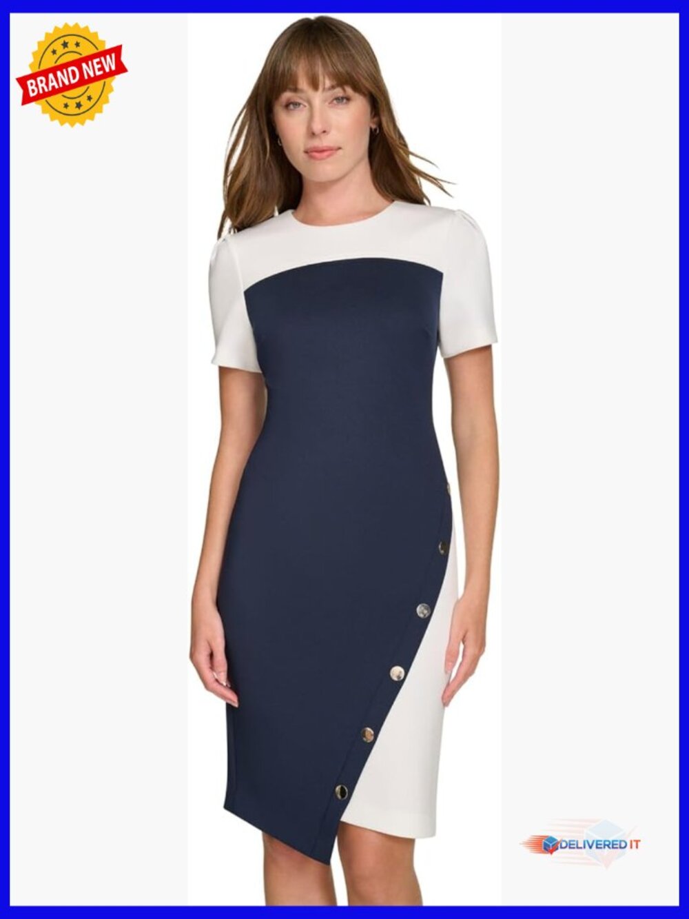Short Sleeve Jewel Neck Colorblock Studded Asymmetrical Hem Crepe Mini Dress